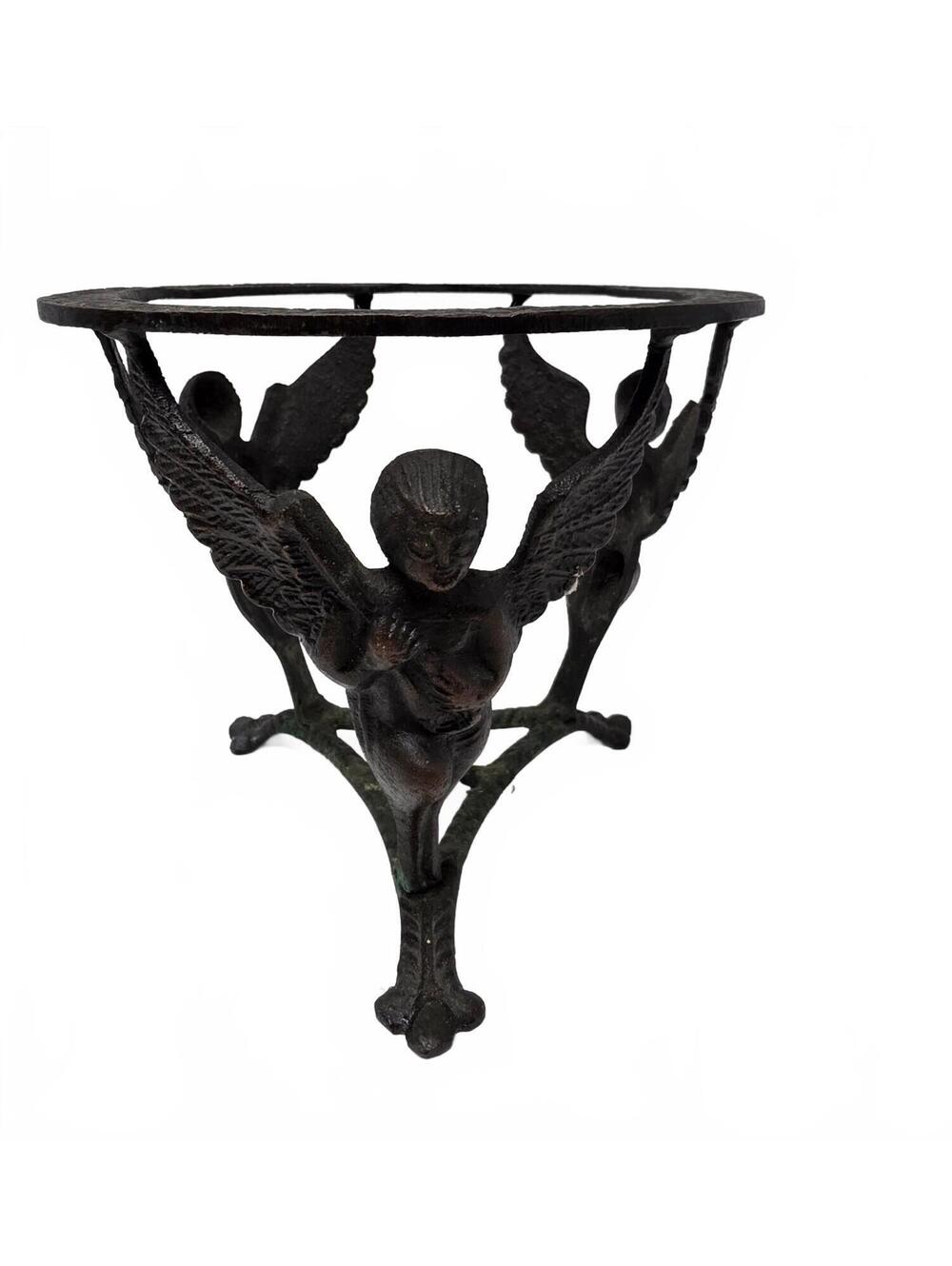 Vintage Brass or Bronze Angel Bowl Stand Verdigris Tripod Pedestal
